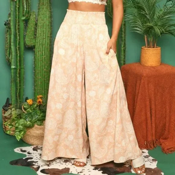 SALE! FANTASTIC FAWN Women's Wide Leg Peach Paisley Pants Smocked FP51398-02 - Picture 8 of 11